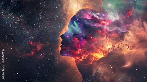 Surreal depiction of a human head silhouette merging with a colorful  vibrant  and ethereal galaxy  representing imagination and creativity.