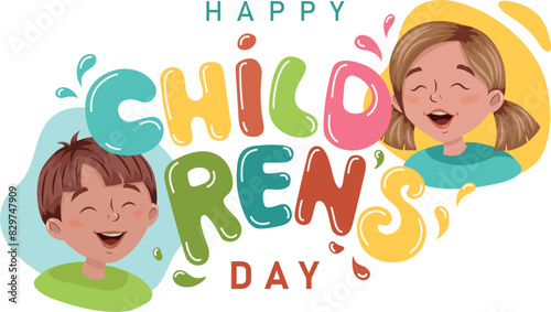 children`s day illustration with happy kids in cartoon style, colorful vecor illustration, isolated hand drawn design element for greeting cards, banner, background, wallpaper