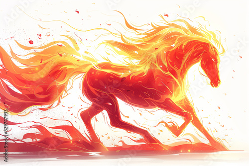 Drawing of a horse with a red fiery mane and tail running through the air photo