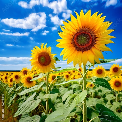 Sunflower fields swaying in the breeze under a clear blue sky  creating a sea of yellow in the French countryside.