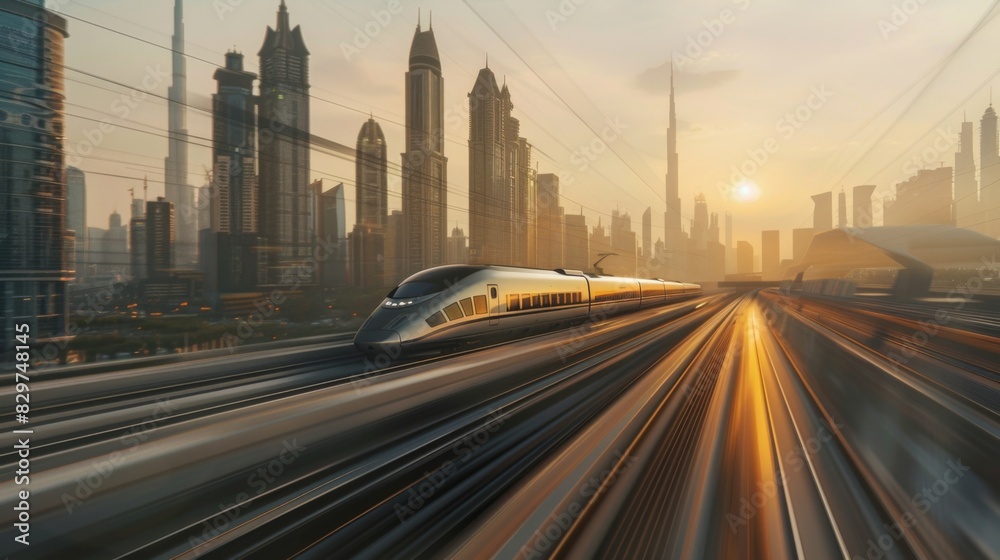 A high-speed train zipping past iconic landmarks and skyscrapers in a bustling metropolis, illustrating urban mobility solutions. A high-speed train zipping past iconic landmarks and skyscrapers in a bustling metropolis, illustrating urban mobility solutions.