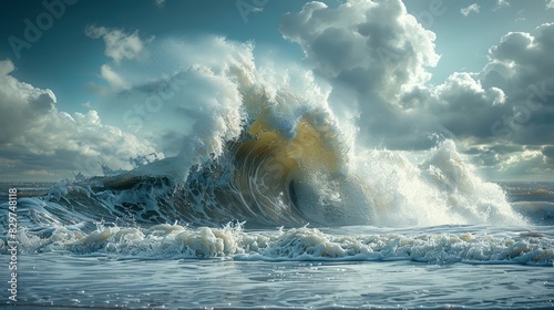 A powerful wave crashing against the shore, with foam and spray creating a dynamic scene The background shows a stormy sea and cloudy sky, capturing the raw energy of the ocean photo