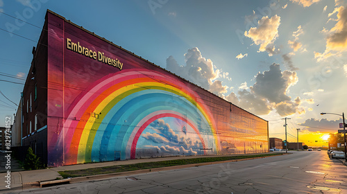 Urban mural featuring vibrant rainbow arcing across the sky with the words Embrace Diversity in bold lettering promoting inclusivity and acceptance