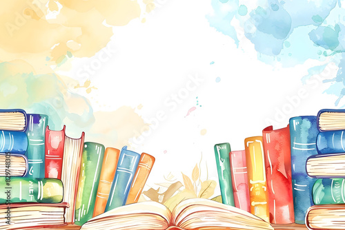 Cute cartoon book frame border on background in watercolor style.