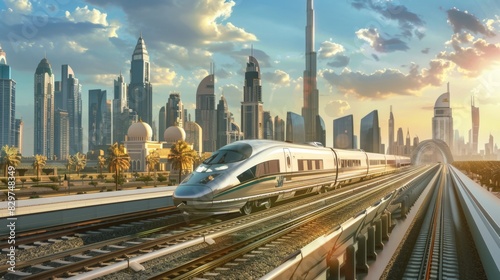 A high-speed train zipping past iconic landmarks and skyscrapers in a bustling metropolis  illustrating urban mobility solutions.