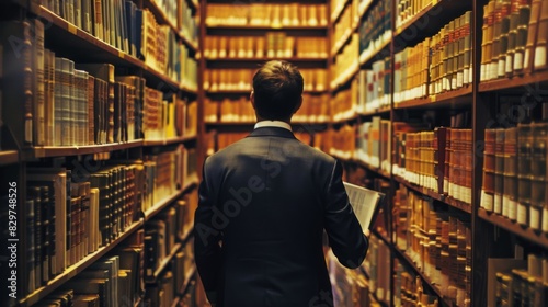 A lawyer reviewing legal documents and statutes in a law library, surrounded by shelves of books and case files.