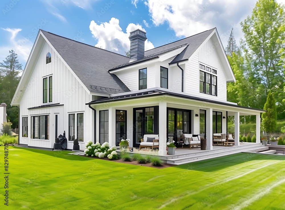 Beautiful white modern farmhouse style home with large backyard and patio area on sunny day stock photo