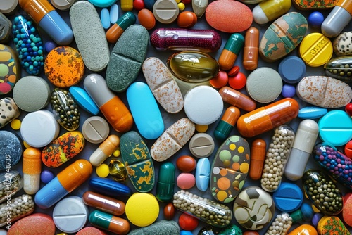 Colorful close up of diverse medical pills and capsules arranged in a top view flat lay composition