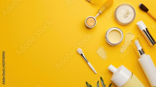 Yellow background with flat lay of cosmetic travel kit featuring text space