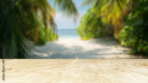Summer-themed wooden table against a blurred beach background with sandy shores and palm trees, providing a scenic setting for summer product presentations on the table.