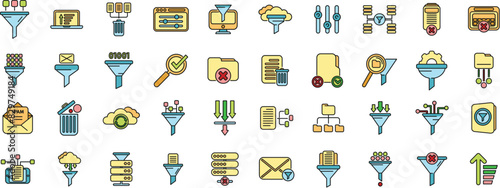 Content filter icons set outline vector. Internet funnel. Computer smart thin line color flat on white