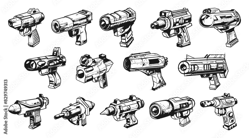 Laser Blasters. Doodle Style, Hand-Drawn, Simple Black Icons Set. Weapon, Gun, Blaster, Laser, Sci-Fi, Futuristic, Space, Ray, Beam, Hand Drawn, Sketch, Drawing, Low Details, Black Icons, White Laser Blasters. Doodle Style, Hand-Drawn, Simple Black Icons Set. Weapon, Gun, Blaster, Laser, Sci-Fi, Futuristic, Space, Ray, Beam, Hand Drawn, Sketch, Drawing, Low Details, Black Icons, White