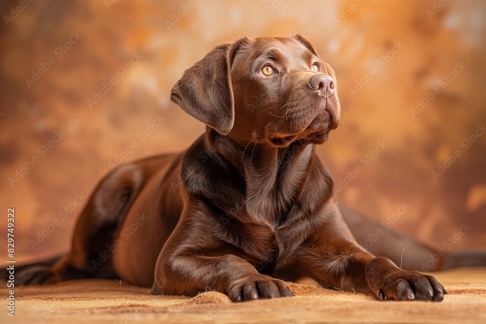 Full body studio portrait of a beautiful dog. The dog is lying down and looking up over a background of pastel shades, radiating charm and playfulness.