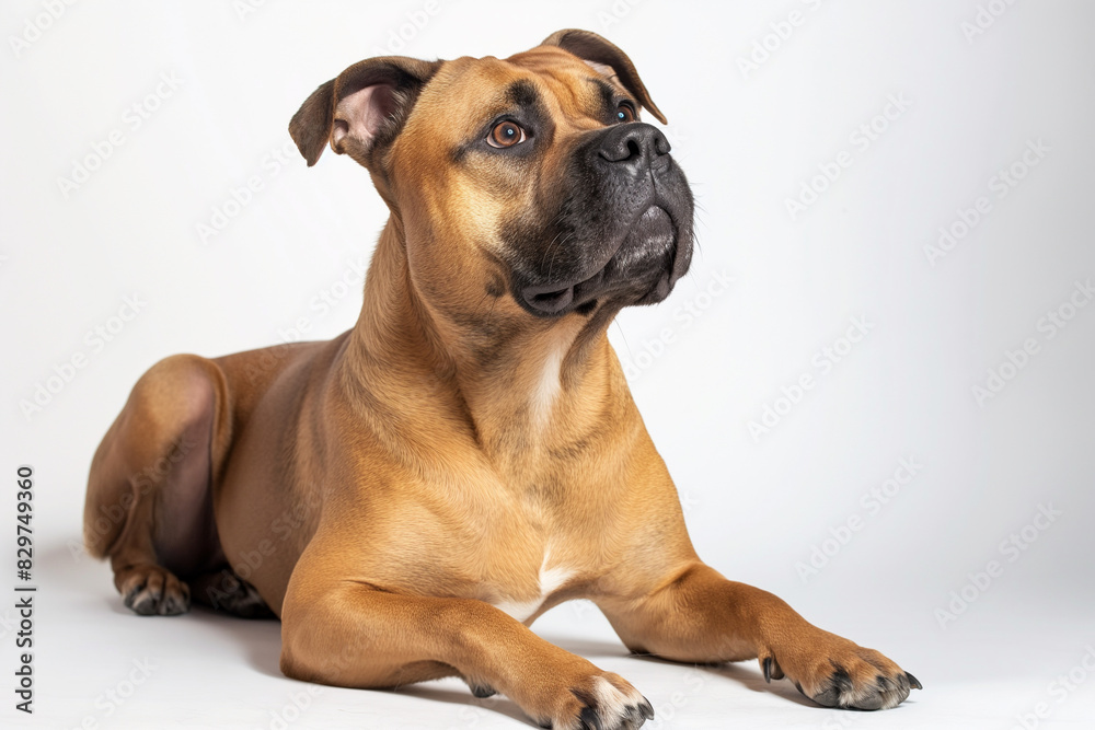 Full body studio portrait of a beautiful dog. The dog is lying down and looking up over a background of pastel shades, radiating charm and playfulness. Full body studio portrait of a beautiful dog. The dog is lying down and looking up over a background of pastel shades, radiating charm and playfulness.