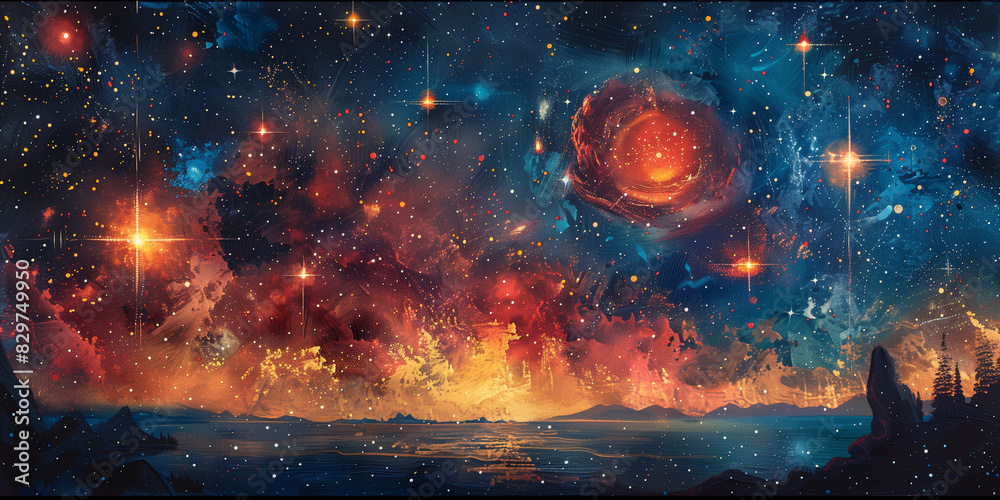 A realistic painting depicting a space scene with stars and various planets New Year