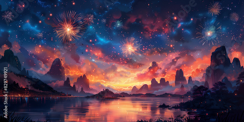 A painting depicting vibrant fireworks illuminating the night sky over a serene lake New Year