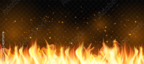 Translucent fire flames and sparks with horizontal repetition on transparent background. For used on dark illustrations. Transparency only in vector format