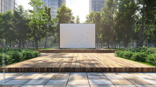 Contemporary wooden platform with a blank LCD display, located in an urban park