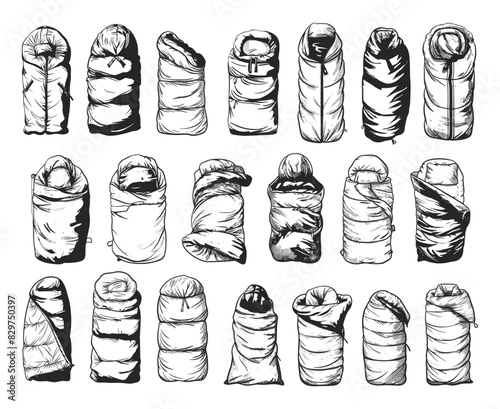 Sleeping Bags. Doodle Style, Hand-Drawn, Simple Black Icons Set. Camping, Outdoor, Adventure, Travel, Hiking, Sleeping Bag, Gear, Equipment, Recreation, Hand Drawn, Sketch, Drawing, Low Details, Black