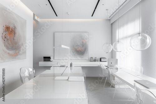 White minimalist office featuring sleek white desks  transparent acrylic chairs  hanging pendant lights  and abstract art on the walls.