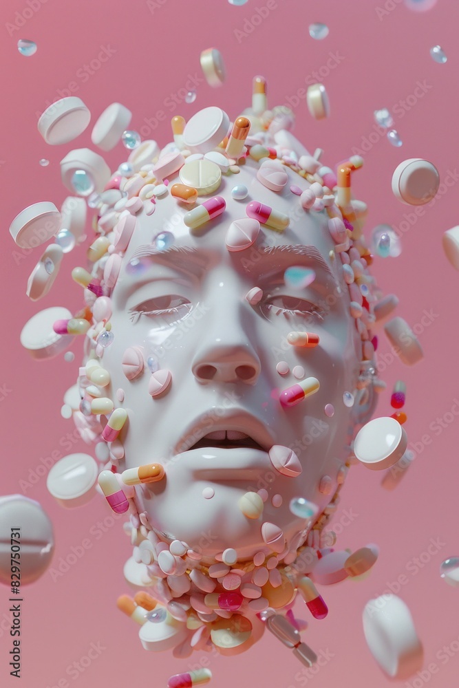 Woman's head surrounded by pills and capsules on pink and white background, concept of medical health and beautyonresumetheme medical, health, beauty