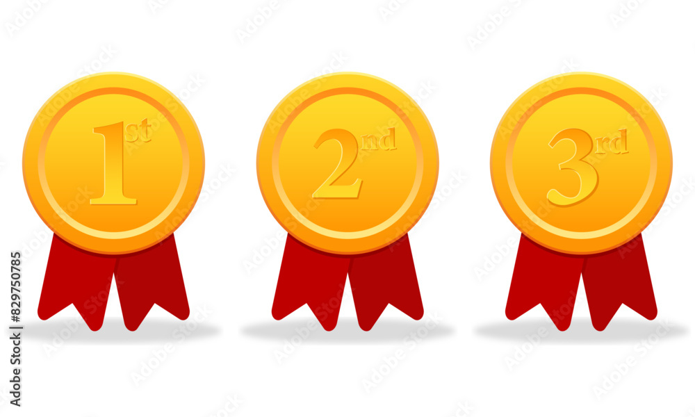 Set of three shiny gold medals with red ribbins on white background ...