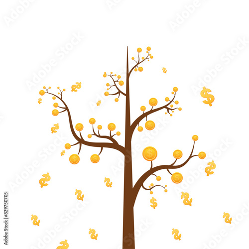 Money tree with falling dollors, realistic dollor gold coins flat style vector illustration. © Asma