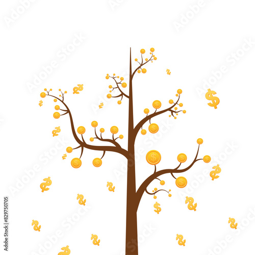 Money tree with falling dollors, realistic dollor gold coins flat style vector illustration.