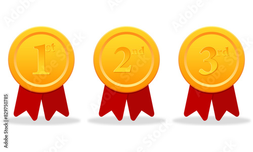 Set of three shiny gold medals with red ribbins on white background, flat style gold medal vector illustration. photo