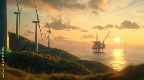 paisaje costero con central eólica, molinos de viento, energía renovable photo