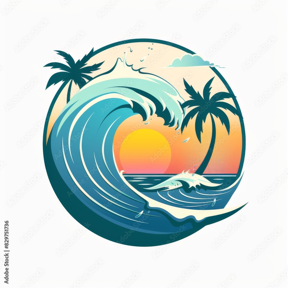 Obraz premium Sunset With Palm Trees and a Wave