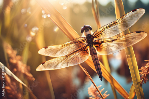 Close up of a dragon fly amongst some reeds at a swamp. 