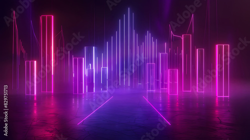 3d render, abstract panoramic background, neon light, laser show, impulse, equalizer chart, ultraviolet spectrum, pulse power lines, quantum energy impulse, pink blue violet glowing. Generative AI.