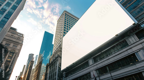 Modern urban stage featuring a white  clean billboard  in a bustling downtown area