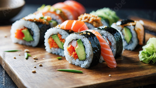 Fresh Japanese sushi. Japanese Asian cuisine. Seafood.