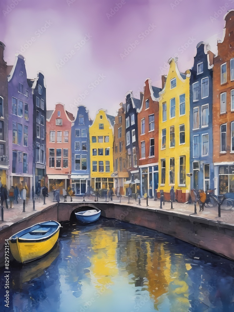 Naklejka premium Amsterdam City Painting Generative AI Illustration 