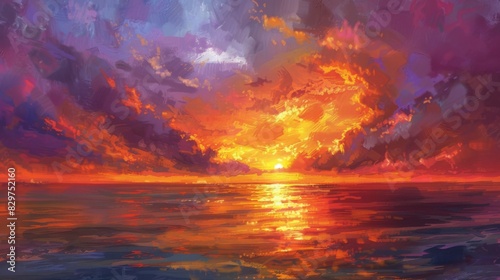 A majestic sunrise over a tranquil ocean  with fiery clouds painting the sky in shades of orange  pink  and purple.