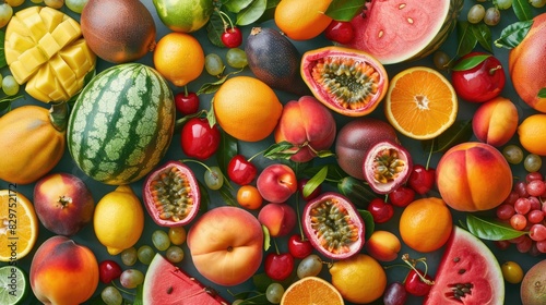 Imagen de muchas frutas juntas que llenan toda la imagen: sandía, melocotón, limón, maracuyá, cereza, mandarina y mango, junto con una vista superior.
 photo