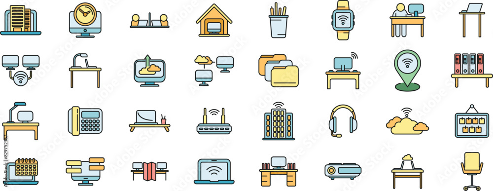 Smart office space icons set outline vector. Computer data. Digital device thin line color flat on white Smart office space icons set outline vector. Computer data. Digital device thin line color flat on white