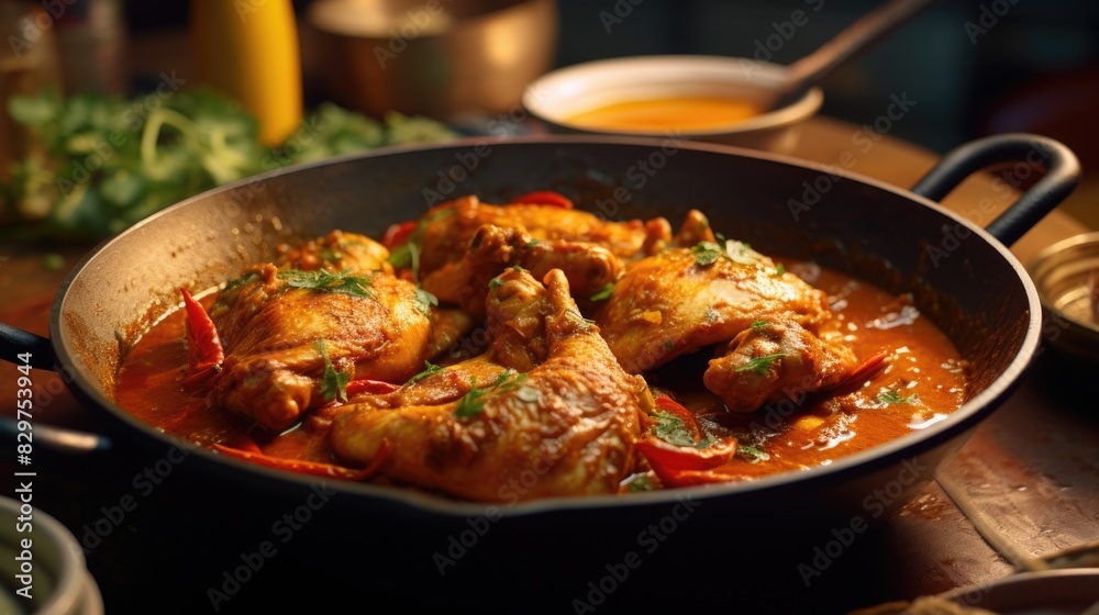 A plate of chicken curry is served on a wooden table. The dish is full of spices and vegetables, and it looks delicious A plate of chicken curry is served on a wooden table. The dish is full of spices and vegetables, and it looks delicious