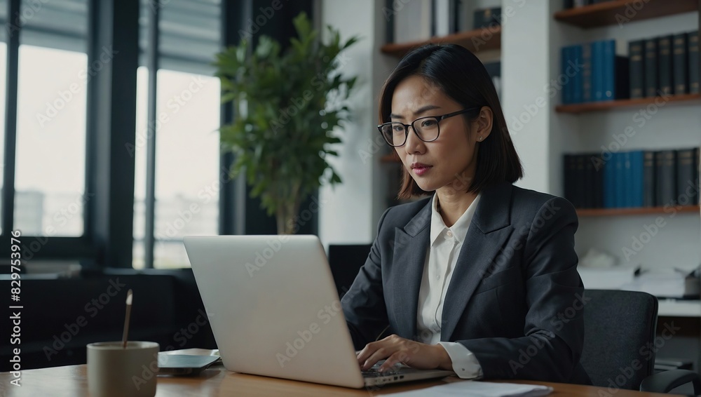 Asian business woman working on a laptop in a professional office Asian business woman working on a laptop in a professional office