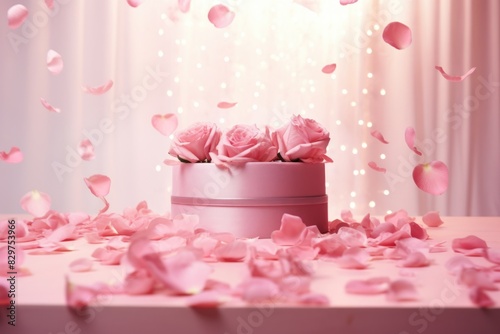 A pink cake with three roses on top of it. The cake is surrounded by pink petals, creating a romantic and elegant atmosphere