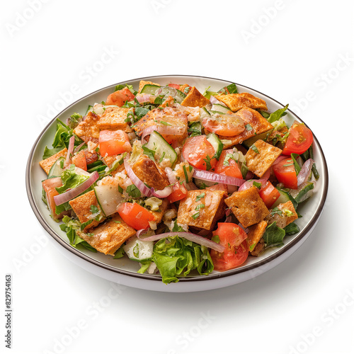 Plate of Fattoush isolated on white studio background.