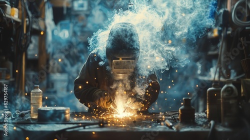 A skilled welder in protective gear works amidst a scene filled with blue-hued welding smoke photo