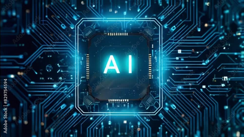 Microchip with AI logo on dark backdrop symbolizing technology and data transfer. Network, circuit, artificial intelligence, information processing Microchip with AI logo on dark backdrop symbolizing technology and data transfer. Network, circuit, artificial intelligence, information processing