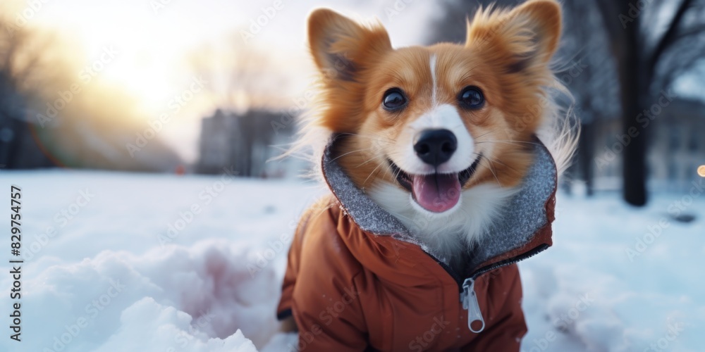 A dog is wearing a jacket and is smiling. The dog is in the snow and he is enjoying the cold weather A dog is wearing a jacket and is smiling. The dog is in the snow and he is enjoying the cold weather