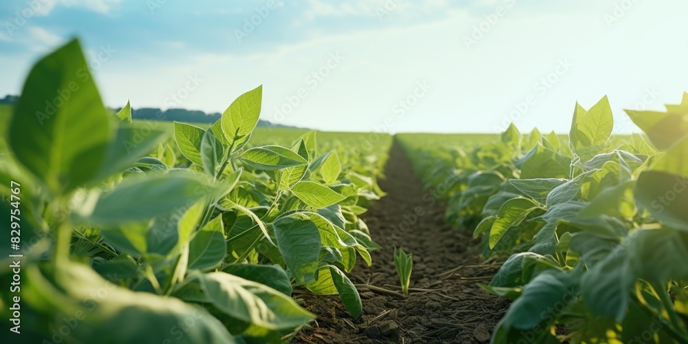 Obraz premium A field of green plants with a bright blue sky in the background. The plants are growing in rows and the sky is clear and sunny