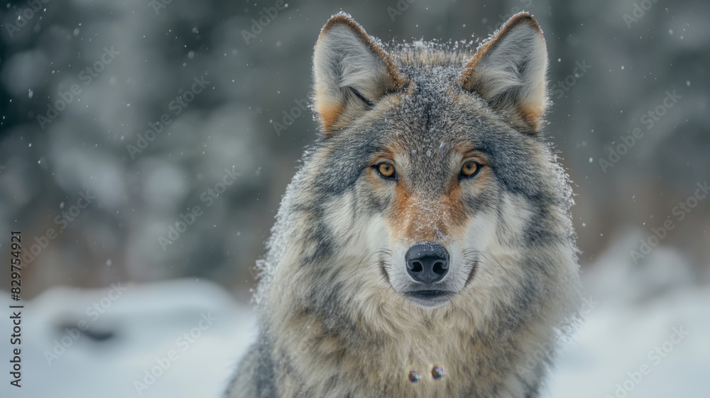 Close-up of a majestic grey wolf in snowy wilderness, showcasing its sharp eyes and thick fur, captured in a natural winter habitat.