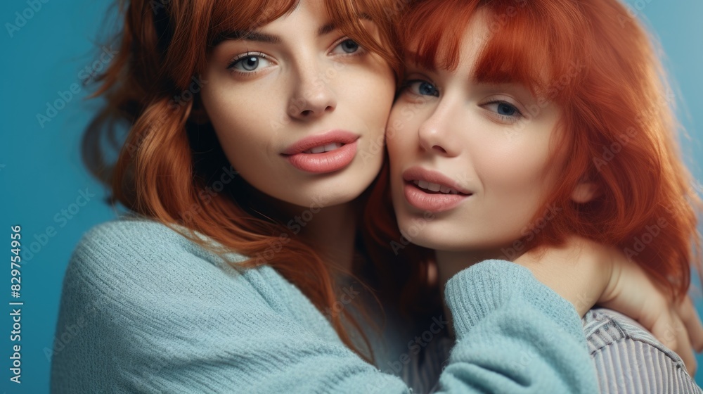 Two women with red hair are hugging each other. They are both wearing blue sweaters. Scene is warm and friendly Two women with red hair are hugging each other. They are both wearing blue sweaters. Scene is warm and friendly