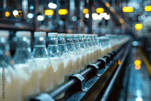 A row of milk bottles on a conveyor belt. The bottles are all the same color and are lined up in a row
